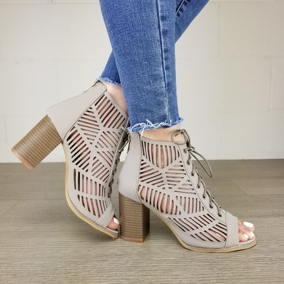 Shoes - Open Toe Laced Up Spring Cut Out Ankle Booties